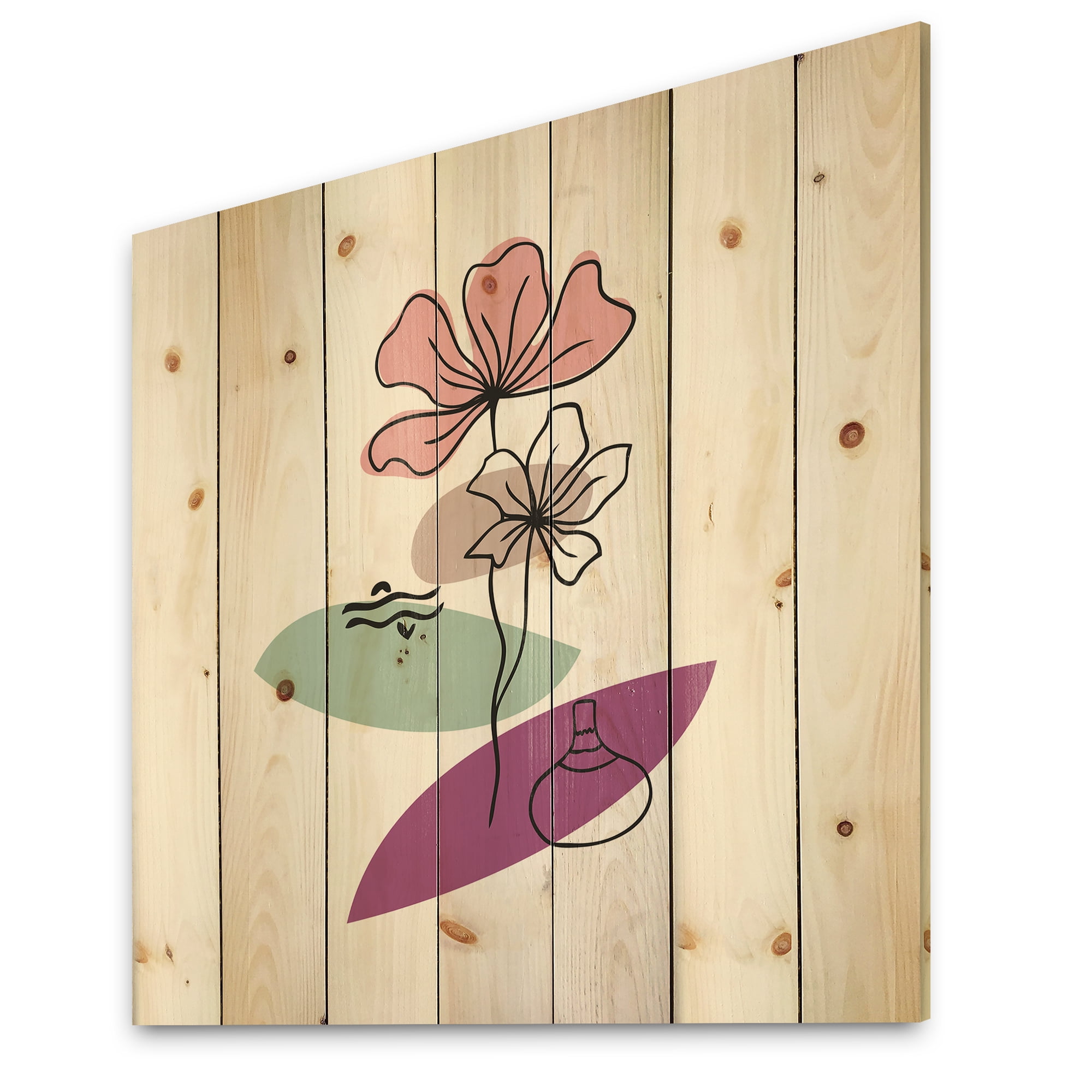 Designart 'Abstract Flowers Plants With Elementary Shapes IV' Modern Print on Natural Pine Wood