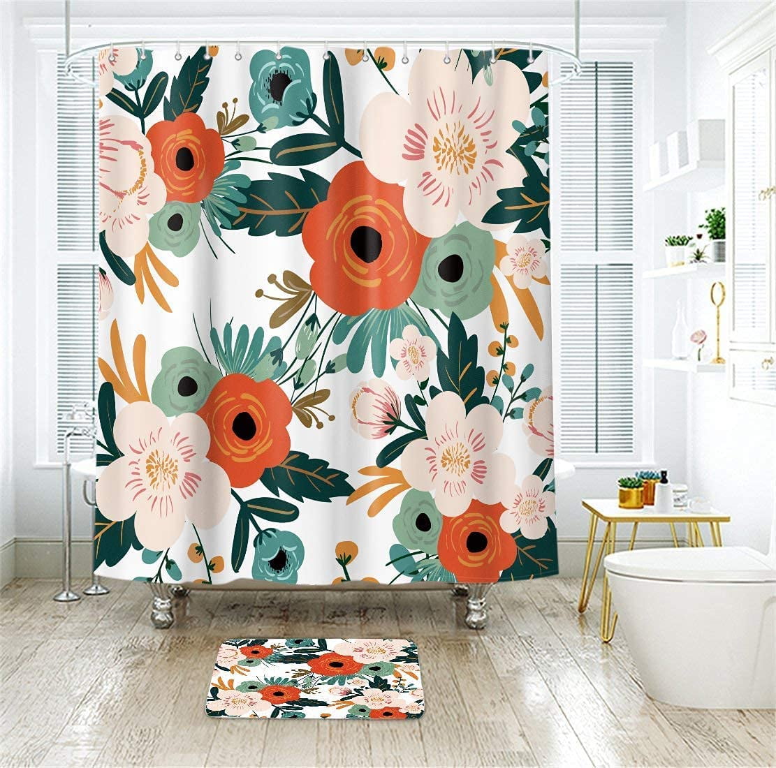 Extra Long Spring Flower Fabric Shower Curtain 72Wx84H Inch Watercolor Floral Green Leaves Orange Bathroom Decor Polyester Waterproof 12 Pack Plastic Shower Hooks WW-YHX9