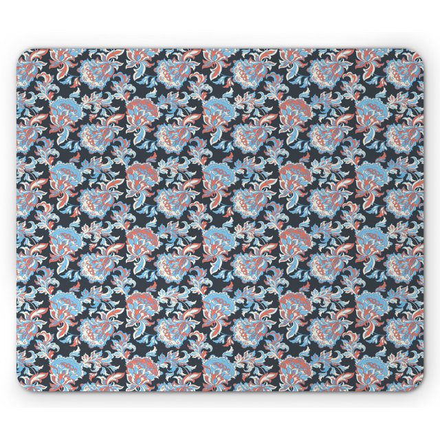 Floral Mouse Pad, Victorian Retro Renaissance Blooms with Folk Batik Influences, Rectangle Non-Slip Rubber Mousepad, Charcoal Grey Coral Blue, by Ambesonne
