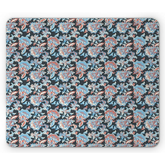 Floral Mouse Pad, Victorian Retro Renaissance Blooms with Folk Batik Influences, Rectangle Non-Slip Rubber Mousepad, Charcoal Grey Coral Blue, by Ambesonne