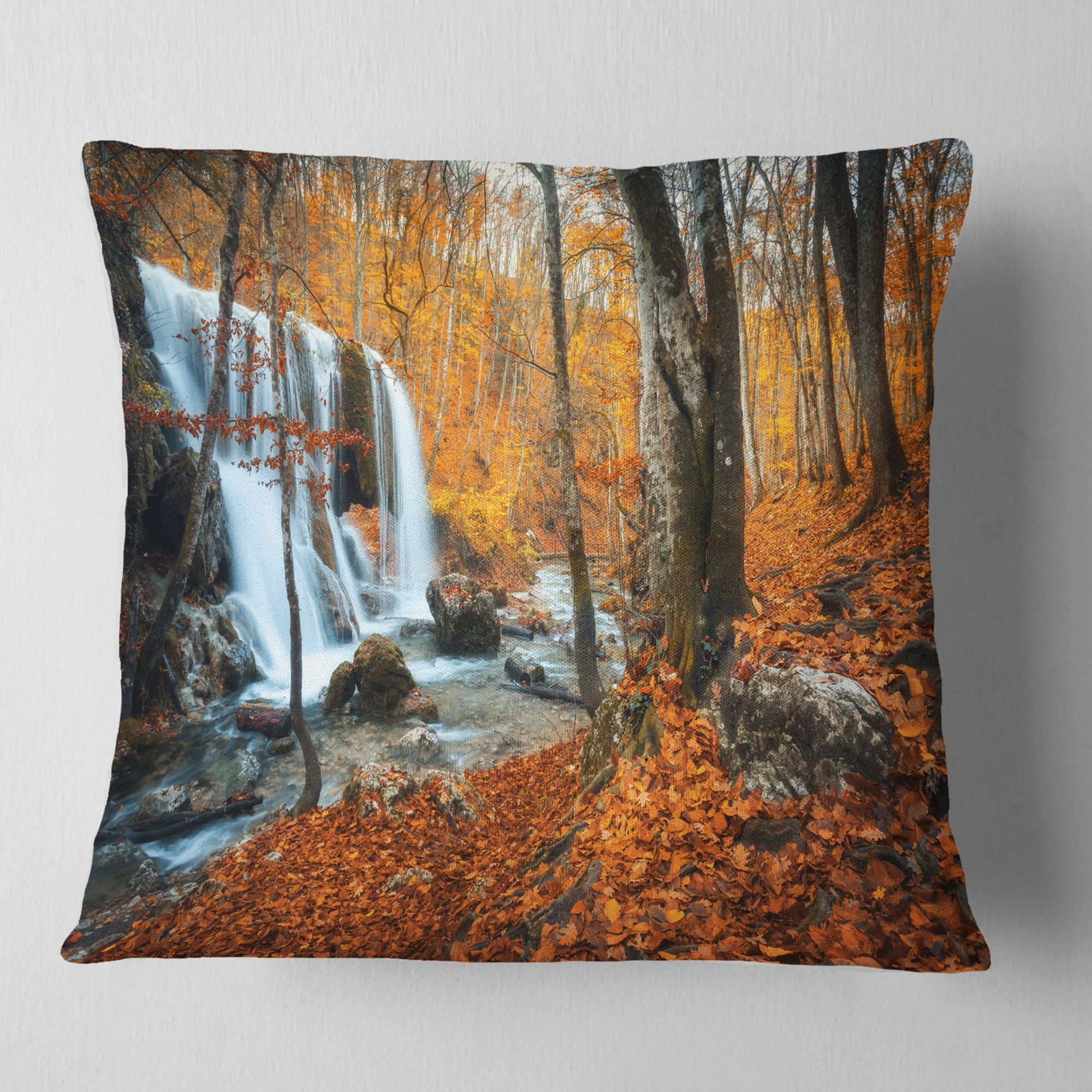 Designart Autumn Mountain Waterfall Close View - Landscape Photography Throw Pillow - 16x16