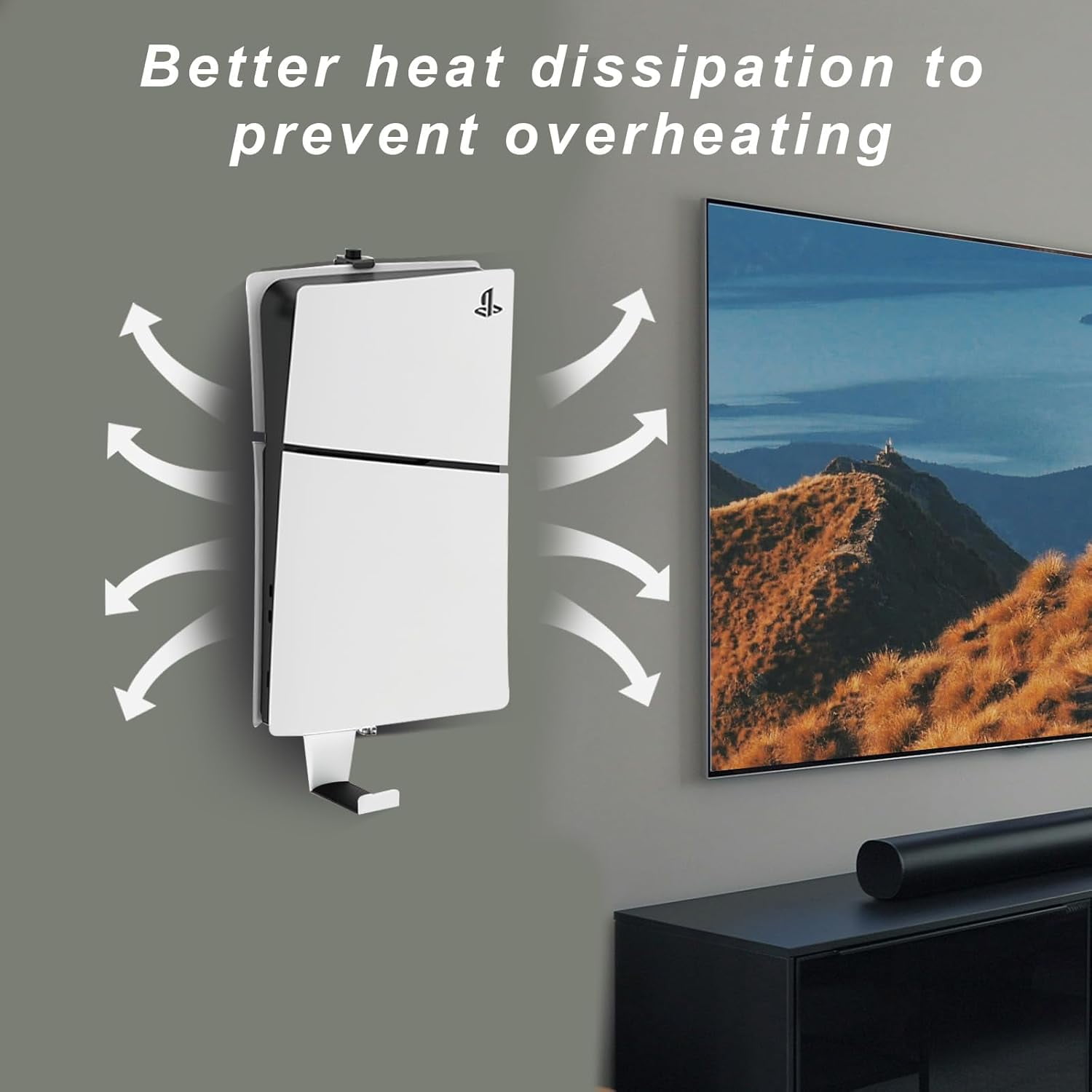 PS5 Wall Mount, Heavy-Duty Steel Mount Kit for Protection & Cooling with 2 Controller Holder and Headset Holder,Compatible with All PS5 Models Including Slim, Pro, Original, White