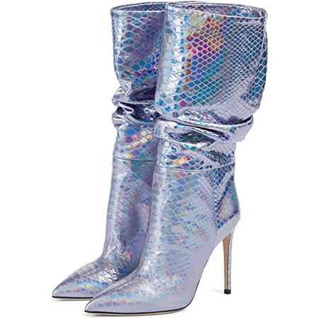 

The shy Metallic Leather Knee High Boots Women s Wide Calf Slouchy Boot Snake-pattern Stiletto Heel Booties
