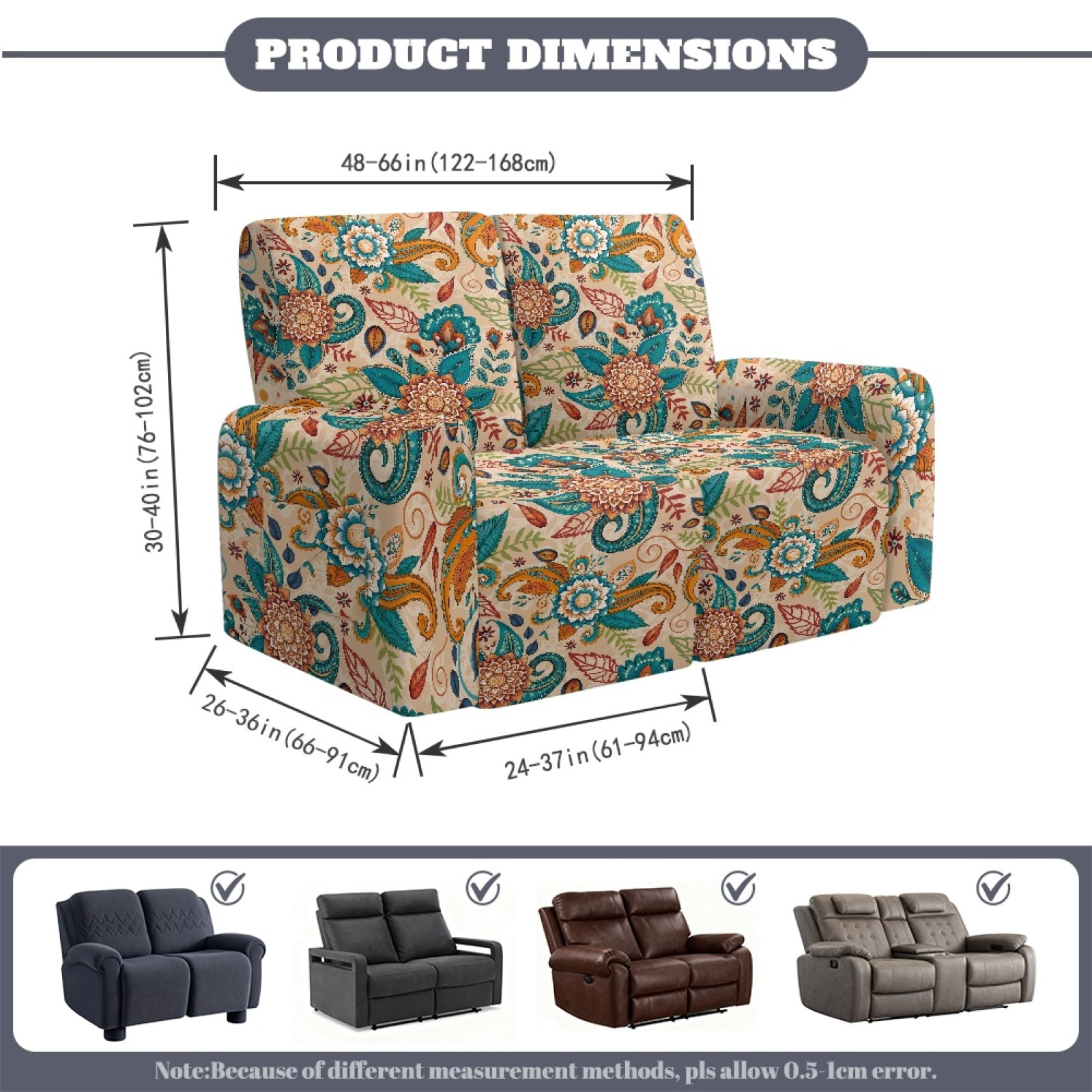 Xoenoiee Boho Mandala Paisley Flower Print 6 Pieces Stretch Recliner Loveseat Covers Soft Reclining Couch Cover with Pockets Anti-Slip Sofa Slipcovers Fitted Furniture Protector for Pet Kid