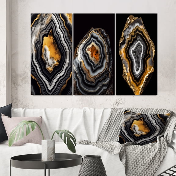 Designart "Glamorous Serenity Black Gold Agate" Abstract Shapes Wall Art Set Of 3 - Transitional Gold Gallery Set For Office Decor