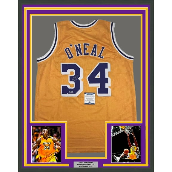 Framed Autographed/Signed Shaquille Shaq O'Neal 35x39 Los Angeles LA Yellow Basketball Jersey Beckett BAS COA