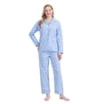 thumbnail image 4 of Apparonia Pjs mujer algodón: camisa m/larga c/botones al frente y pantalón. Ropa de dormir c/cuello con solapa. Conj. de descanso con linda flor azul. Talla XXL, 4 of 7