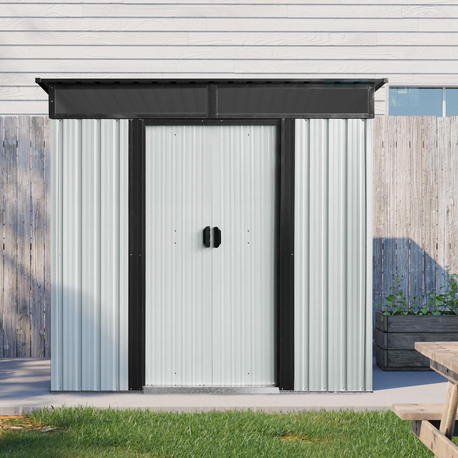 5' x 6' Outdoor Storage Shed, HOYOA Galvanized Metal Storage Shed with Lockable Door for Garden Backyard Patio Lawn, Weather Resistant and Waterproof, White and Black