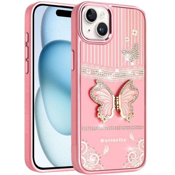 For Apple iPhone 15 (6.1") Glitter Butterfly Case with 3D Stand Sparkle Hybrid Metallic Edges Protective Phone Cover Slim Fit [Light Pink]