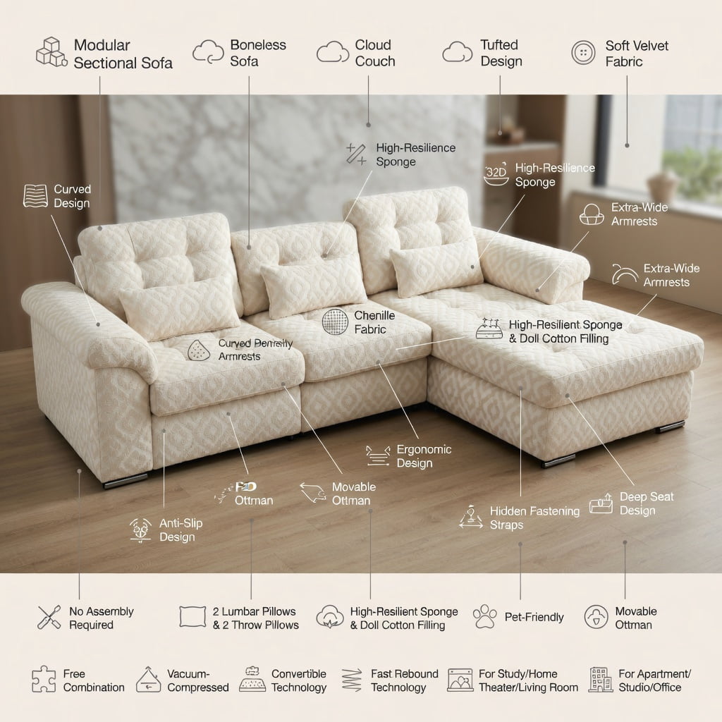 Hommoo 131" Modern Leopard Print Chenille 4-Seat Modular Sectional Sofa, Tassel Trim, Ergonomic Deep Seat Design, Easy Snap-Together Assembly for Living Room, Beige