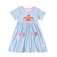 thumbnail image 2 of Girls Light Blue Striped Pumpkin Dress Short Sleeve with Pockets for Kids Fall Hall-oween Thanksgiving,Size 6 T, 2 of 9