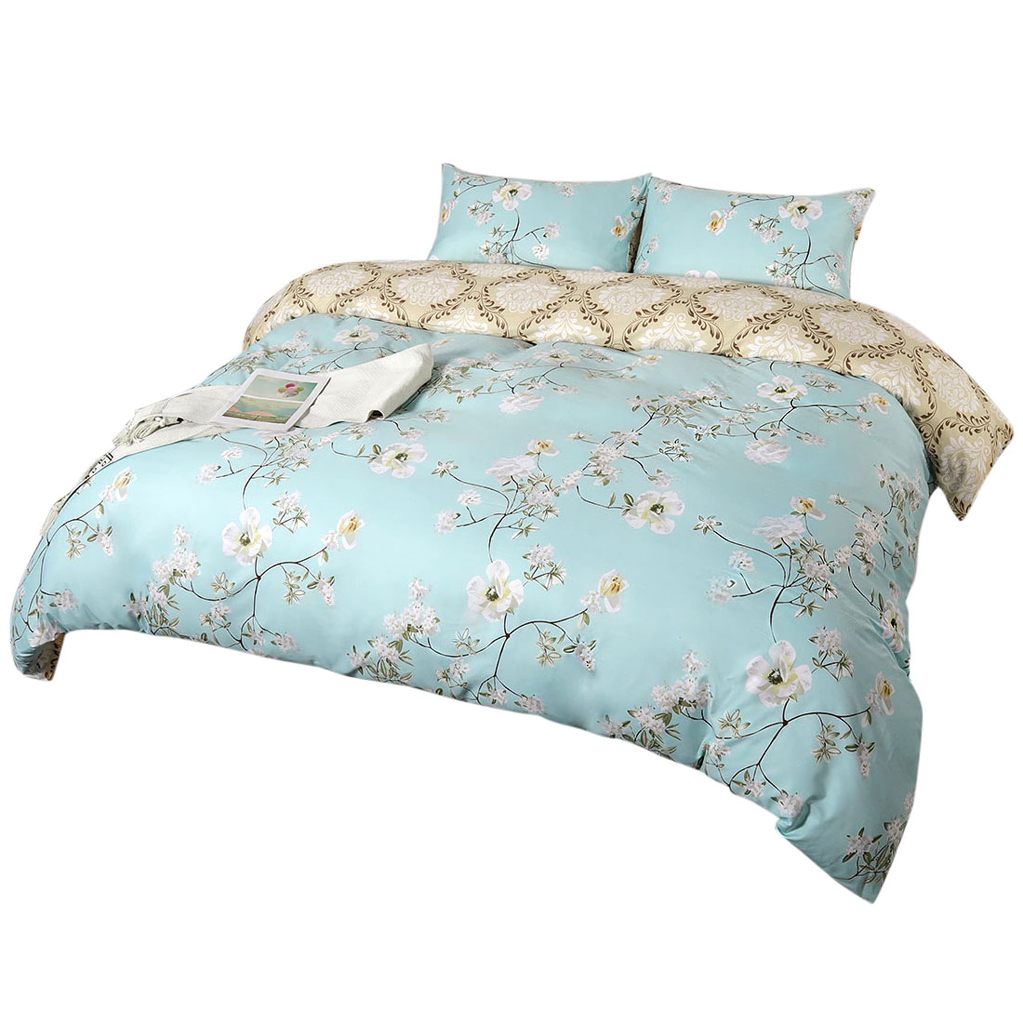 Unique Bargains Spring Bloom Pattern Microfiber Duvet Cover Set Green