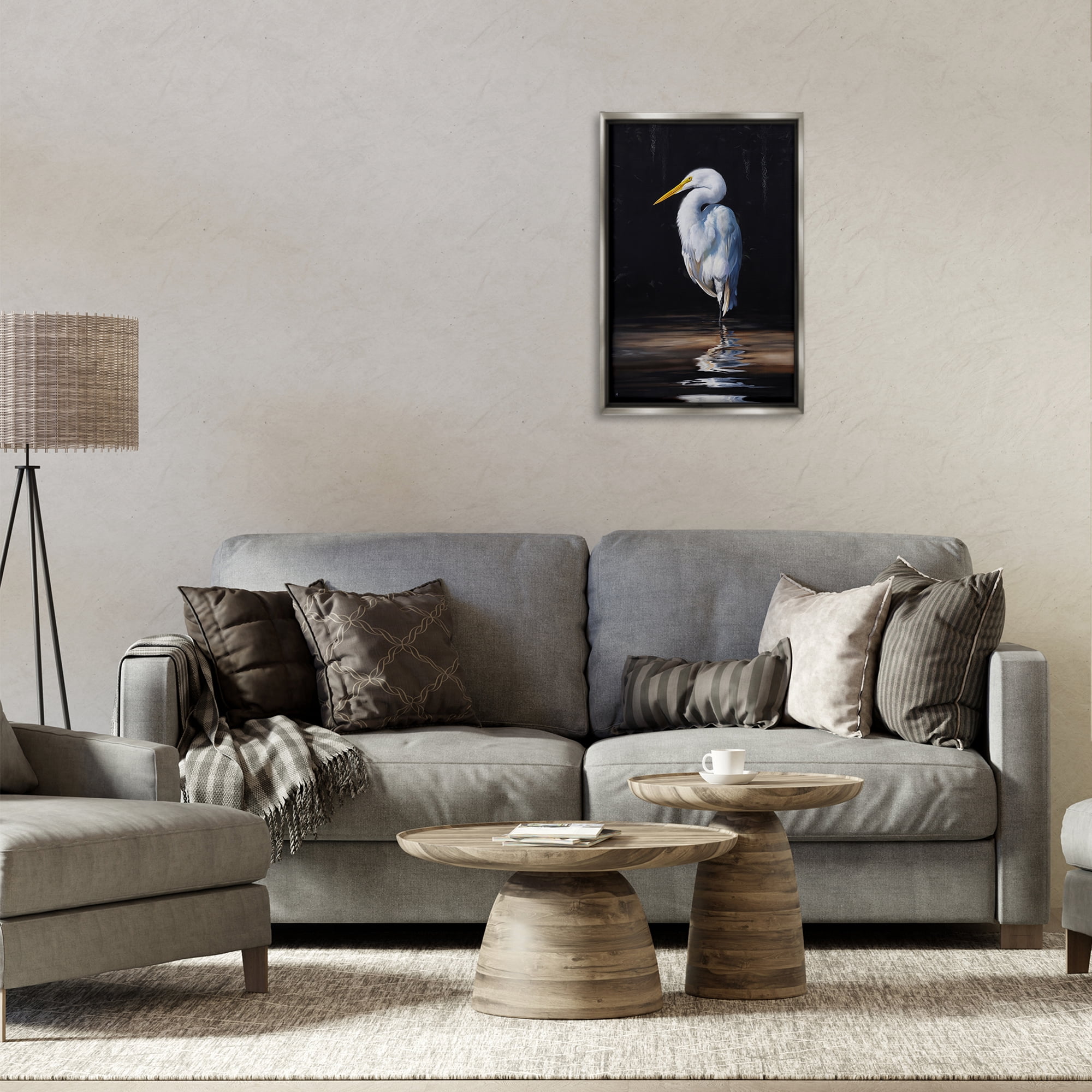 Stupell Industries Balancing Egret Bird Animals Painting Gray Floater Framed Canvas Art Print Wall Art, 17 x 25