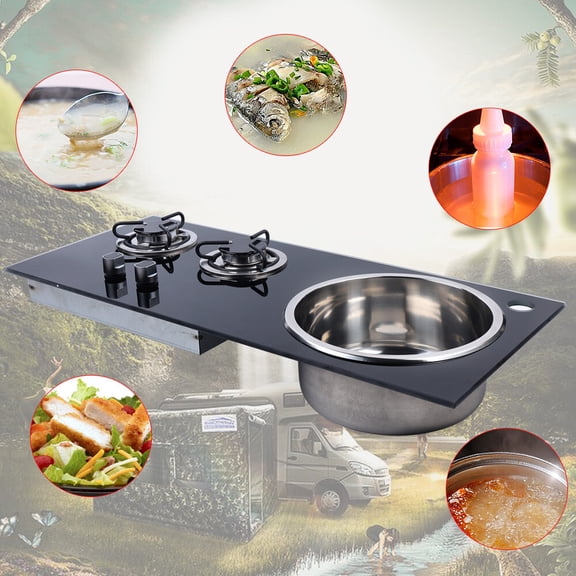 31.1*13.39*5.12 cm Boat Caravan RV Camper Gas Stove Hob 2 Burner LPG Sink Combo Cooktop w/Glass Lid