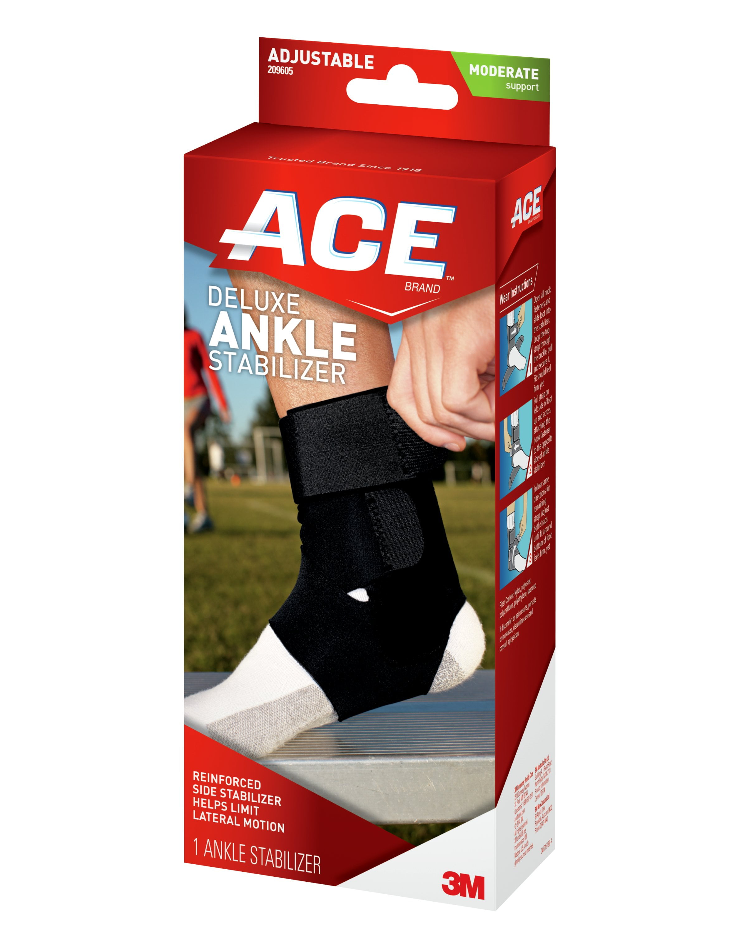 ACE Brand Deluxe Ankle Stabilizer, Adjustable, Black, 1/Pack