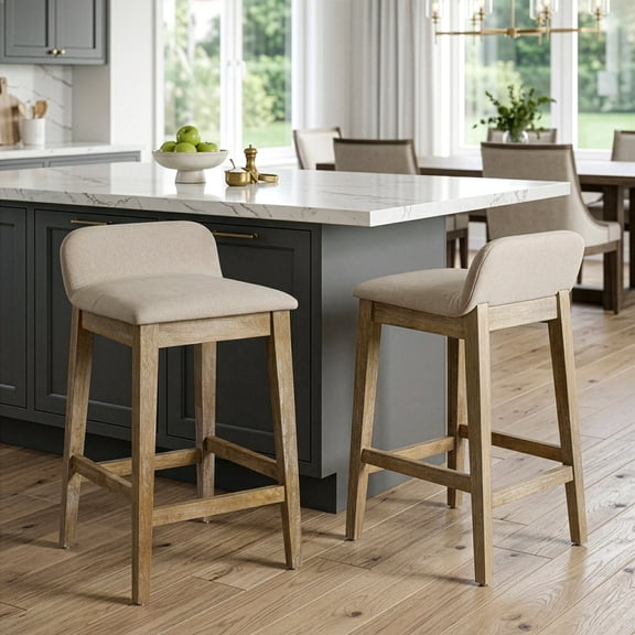 Set of 2 Atia White Washed Wood Counter Stool with Low Back Fabric Seat