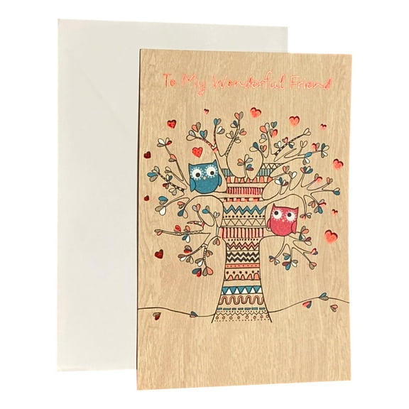 Valentine's Day Greeting Card for Friend - To My Wonderful Friend - Foil Accents, Metallic Lettering; Trees, Owlsm Heart