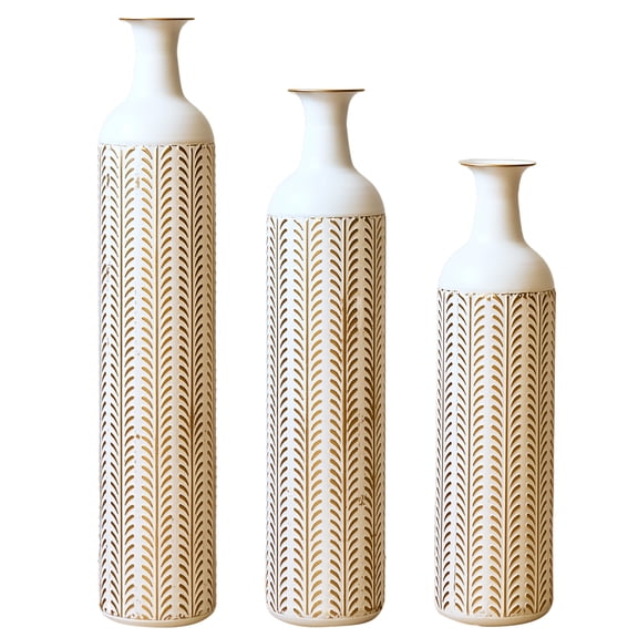 3-Piece Modern White Metal Floor Vase Set - Glazed Cylindrical with Triangular Embossed Pattern, Large Glam Home Decor