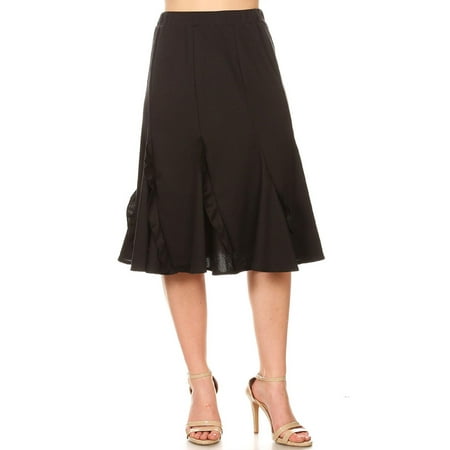 MOA COLLECTION Women's Solid Comfy Basic Godet High Waist Knee Ruffle A-Line Midi Skirt