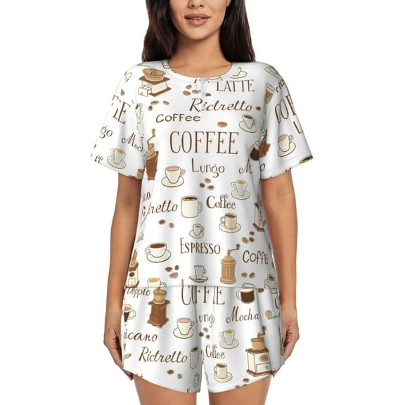 Logiee Coffee Print Womens Pajamas Set,Short-Sleeve Pajama 2 Piece Sleepwear with Pockets-Small