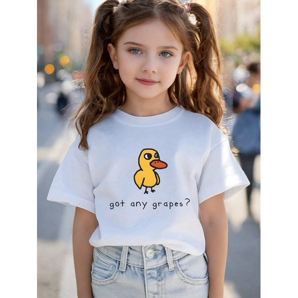Young Girls Casual Cute Duck & Slogan Print Short Sleeve T-Shirt