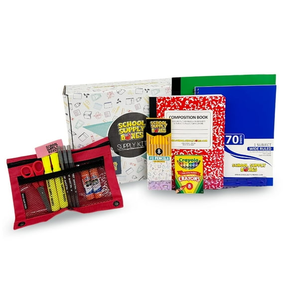 School Supply Boxes | Standard K-8 Bundle (1 Box) | Back to School Essentials Kit for Students & Teachers | Includes Notebooks, Folders, Crayons, Pencils, Erasers, Glue & More