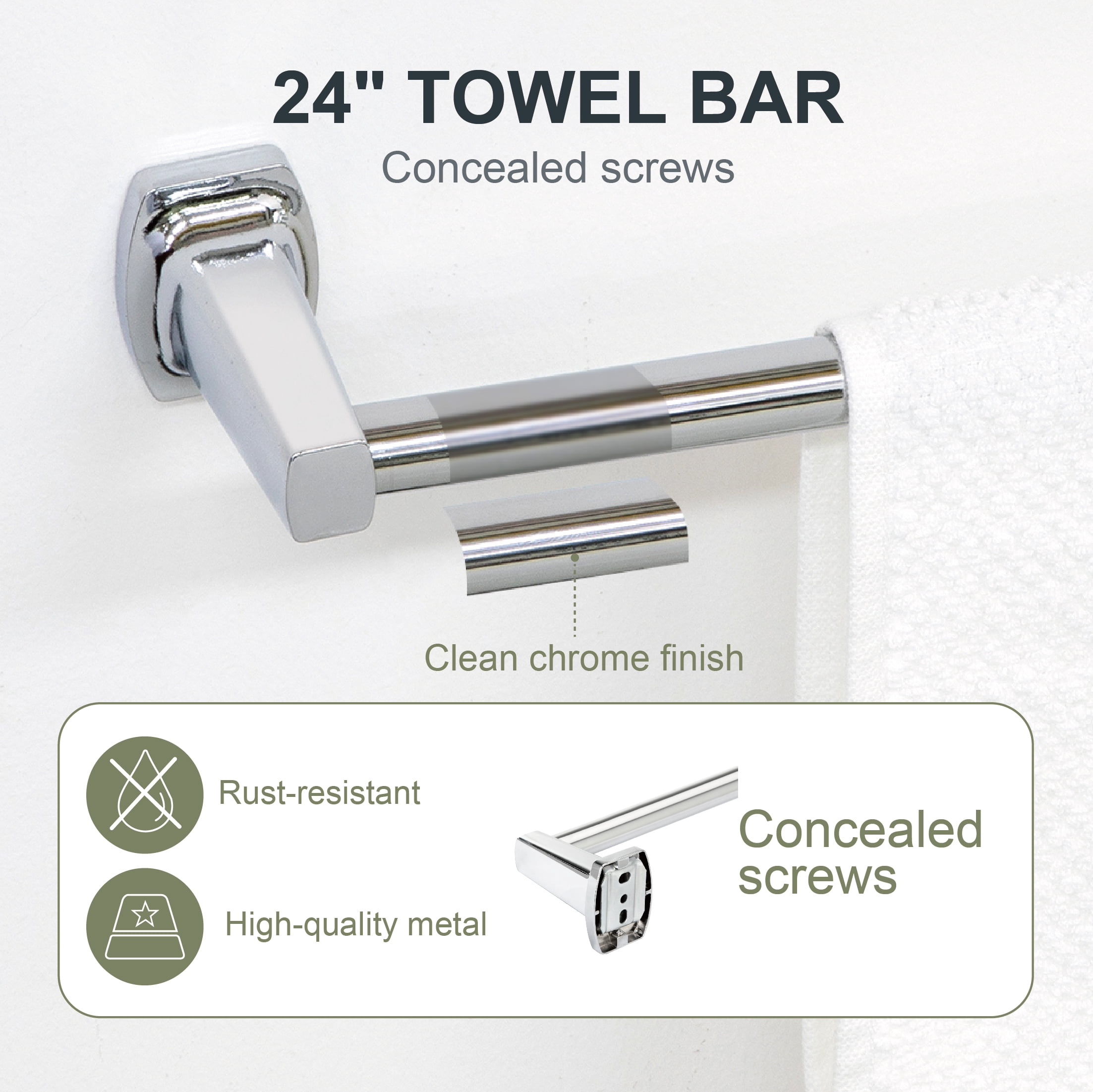 Mainstays 24 in Square Style Wall Mount Towel Bar, Chrome Finish, Mounting Hardware Included