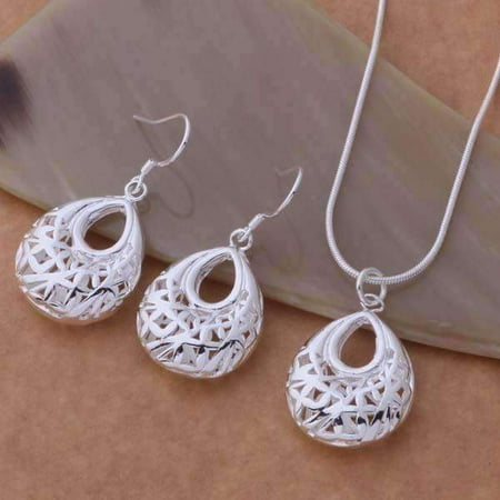 - CLEARANCE - Droplet Sterling Silver Filigree Cage Matching Necklace and Earrings Set Silver