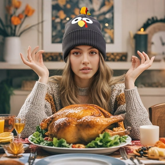 KANG Winter Knit Hat With Embroidered Turkey Design For Thanksgiving Family Warm Ear Cap