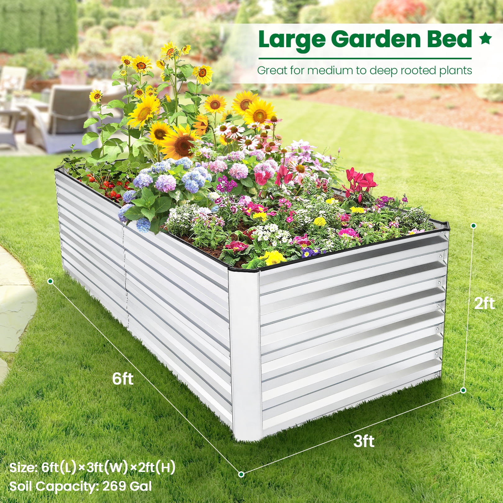 SEJOV 6x3x2ft Raised Garden Bed Kit, Galvanized Planter Raised Garden Boxes Outdoor, Deep Root Raised Planter w/Anti Cutting Strip, Large Metal Raised Garden Bed for Vegetables Flowers Herbs, Silver