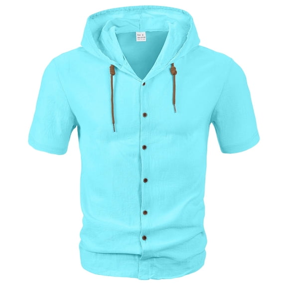 Rvwovn Men's Cotton Linen Hooded Shirt, Short Sleeve Lightweight Button Down Tees for Summer & Beach