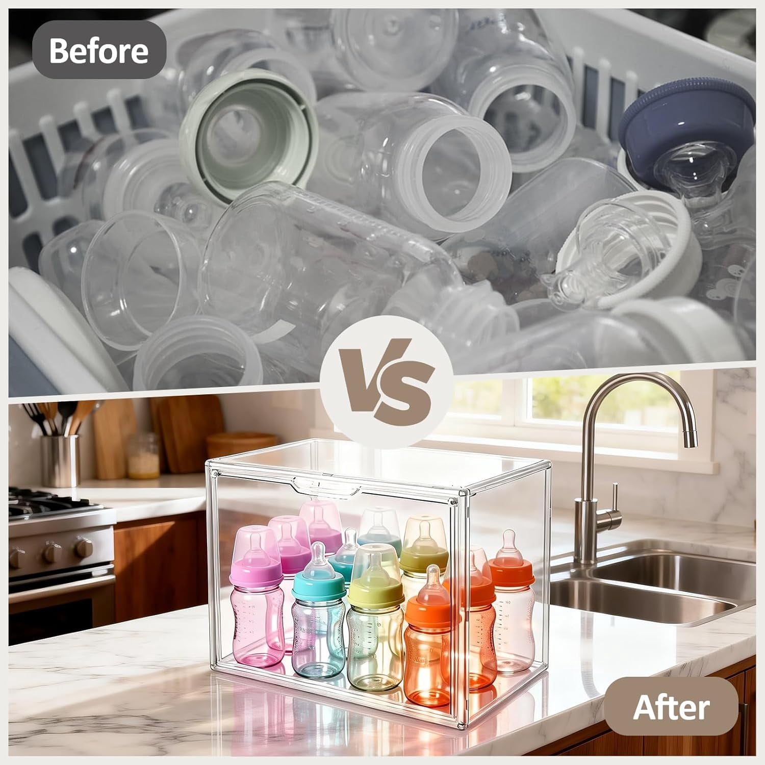 Baby Bottle Organizer, Stackable Clear Cabinet And Countertop Storage Bin With Magnetic Door For Bottles, Pacifiers And Pump Parts, Clear