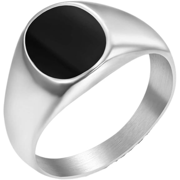 Stainless Steel Black Enamel Filled Oval Shape Signet Style Wedding Statement Promise Pinky Ring