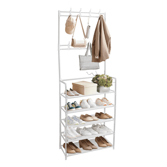 Fyydes 3-in-1 Entryway Coat Rack with Shoe Rack, 69" H Clothes Rack Storage Shelves, Multipurpose Hat and Shoe Storage Rack with 5-Tier 8 Hooks, Suitable for Hat, Clothes,Key,White