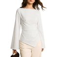 thumbnail image 2 of Women's Boat Neck Striped Tie Wrap Waist Irregular Flare Long Sleeve Shirt Blouse White L, 2 of 9