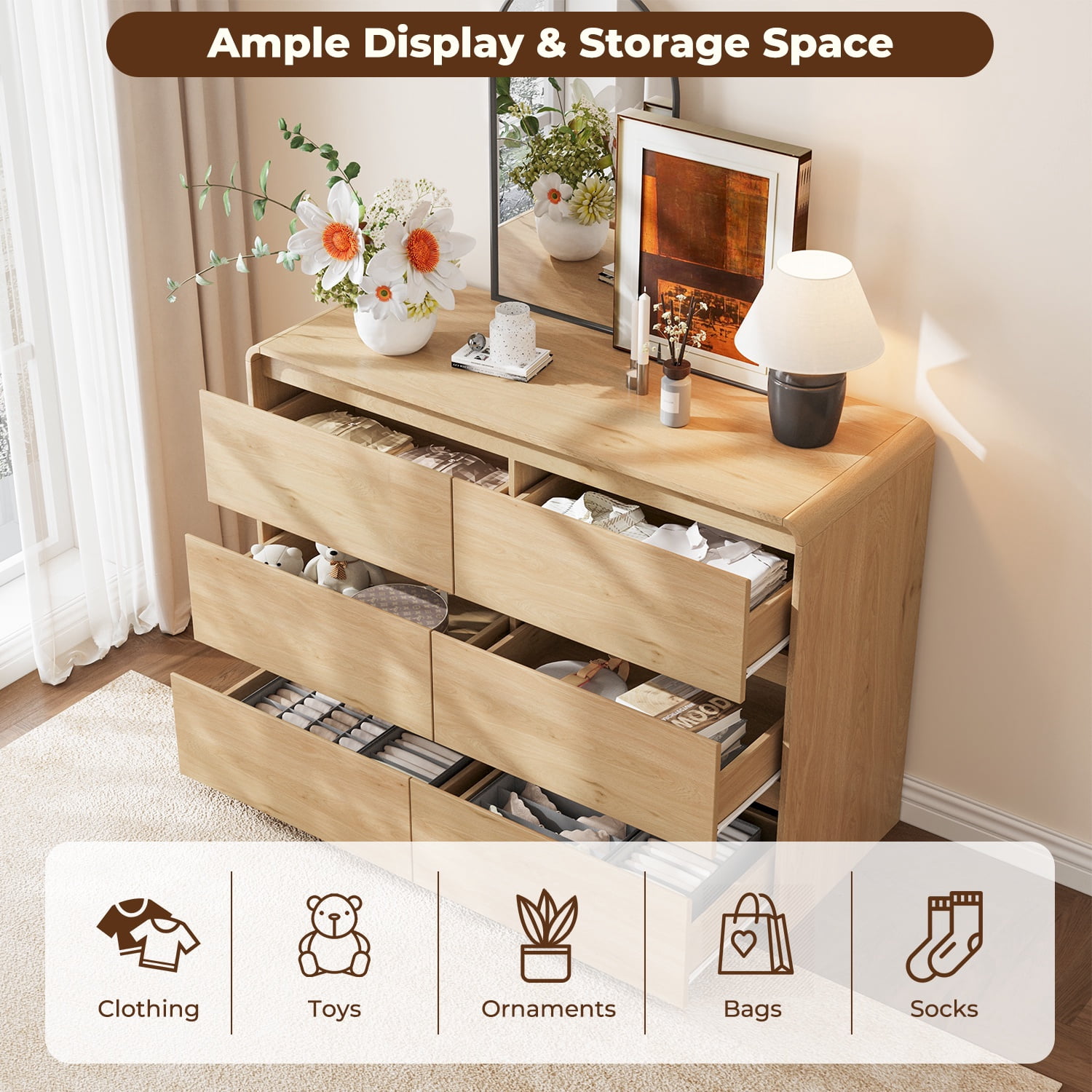 JULY'S SONG Modern 6 Drawer Dresser with Curved Edges Design, 47" Wide Wood Dresser for Bedroom, Chest of Drawers w/Natural Texture for Living Room, Light Brown