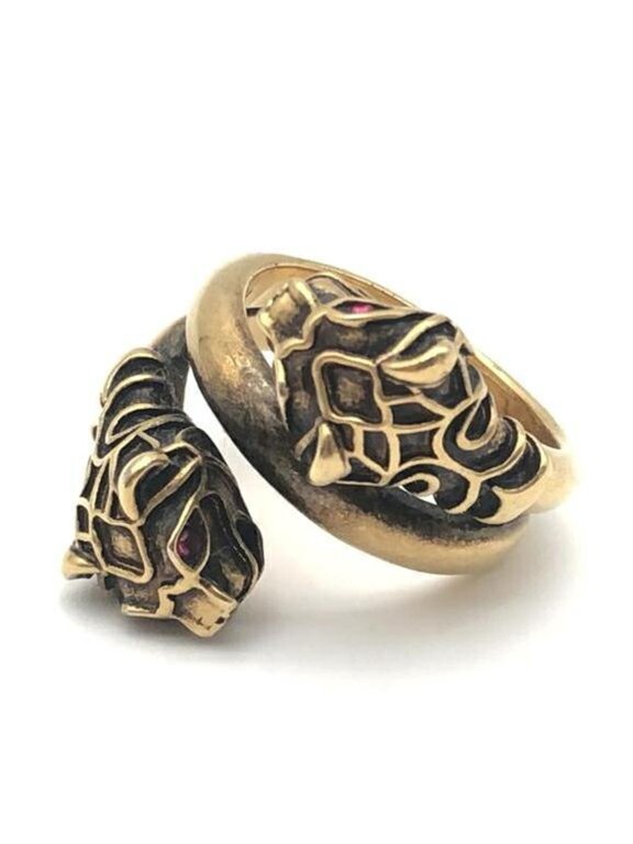 Pre-Owned GUCCI Tiger Head Colored Stone Ring, Gold Color, Red