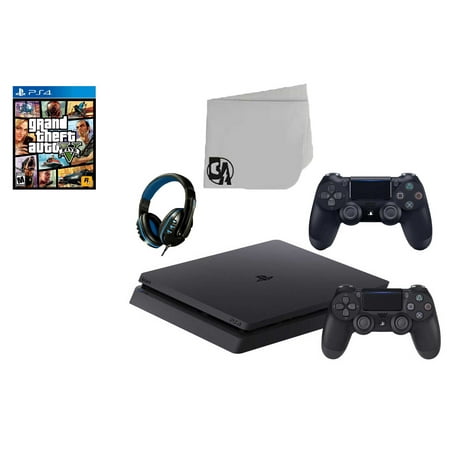 Sony 2215B PlayStation 4 Slim 1TB Gaming Console Black 2 Controller Included with GTA V Game BOLT AXTION Bundle Used