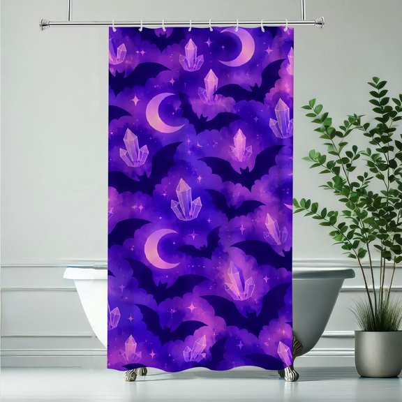 RKSupls Crystal Moon Bat Purple Galaxy Pattern Polyester Shower Curtain with Hooks for Chic Elegant Waterproof Shower Curtain Home Bathtub Bathroom Decor