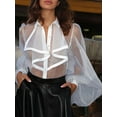 thumbnail image 2 of KelaJuan Women's Mesh Sheer Bodysuit Solid Color Long Puff Sleeve Lapel Ruffled Leotard Tops Shirt, 2 of 6