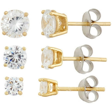 White CZ Round 4mm, 5mm and 6mm 18kt Gold over Sterling Silver Stud Earrings Set