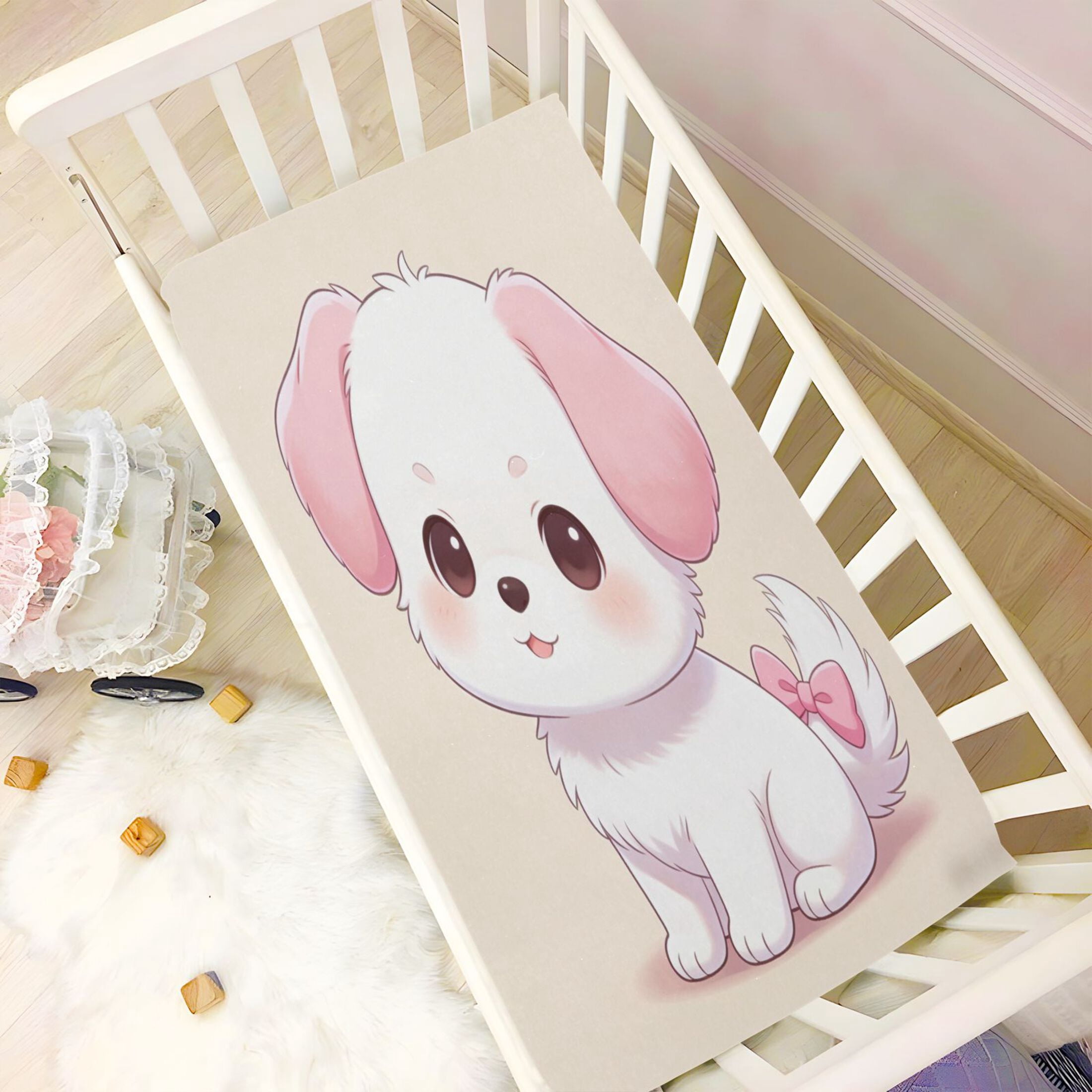 Baby Essentials 52”x 28”- Standard Cotton-like Modal Elastic- Cute White Dog Design Crib Sheets for Newborns and Toddlers