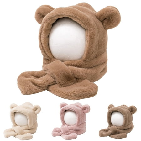 

Kids Winter Hat Scarf Plush Cross Thicken Solid Color One-Piece Thermal Ear Decor Cold-proof Baby Bonnet Scarf Infant Accessories Coffee