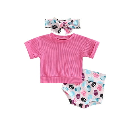 

Summer Easter 2Pcs Toddler Baby Girls Outfits Short Sleeve T-shirt Tops + Bunny Print Shorts + Headband