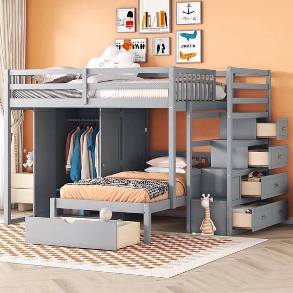 Full over Twin Solid and Stable Bunk Bed with Wardrobe, Drawers (Gray)
