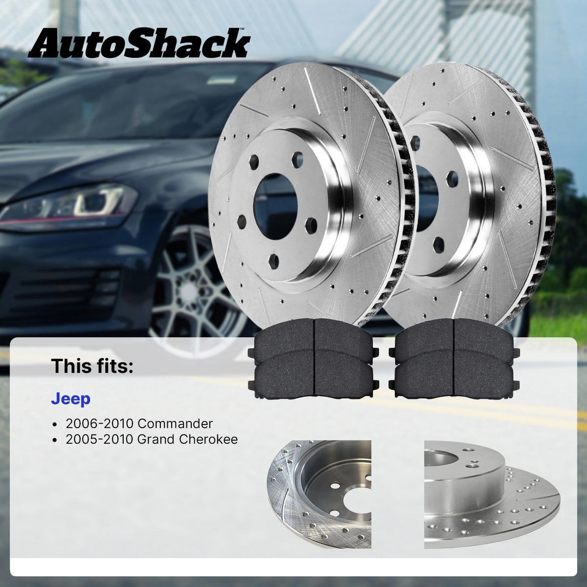 AutoShack Front Brake Rotors & Ceramic Pads for Jeep, Grand Cherokee 2005-2010, AWD RWD V6 3.0L 3.7L V8 4.7L 5.7L - Silver Zinc Coated Drilled & Slotted - SilverShield Pro - 12.91" (328 mm), 5-Lug
