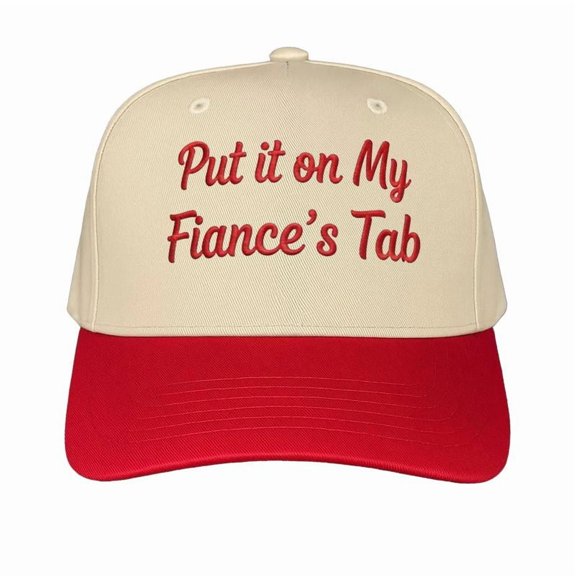 Put It on My Fiance’s Tab Embroidered Trucker Hat, Funny Wedding Humor Baseball Cap with Adjustable Snapback, Perfect for Engagement Parties, Bridal Showers, and Casual Outfits