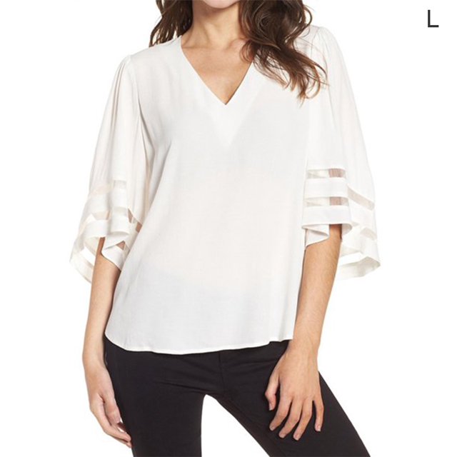 Blusa informal suelta de gasa con manga acampanada y cuello en V para mujer, blanco, L Inevent AP002431-11