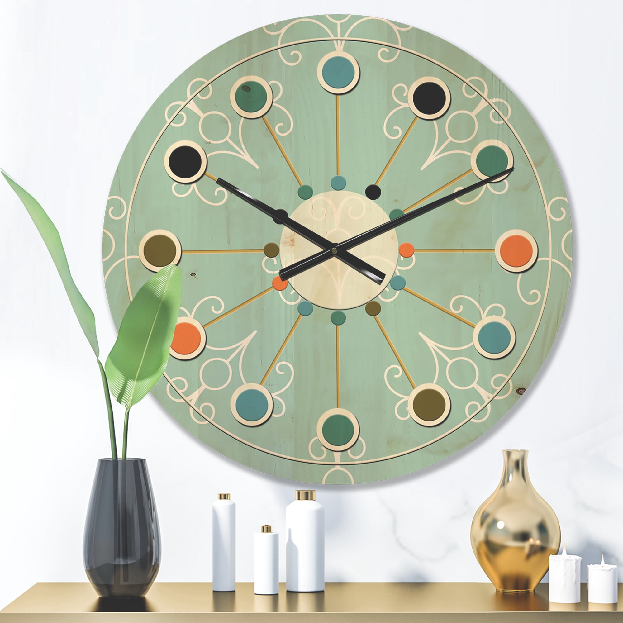 Designart 'Minimal Turquoise Ornament' Mid-Century Modern Wood Wall Clock