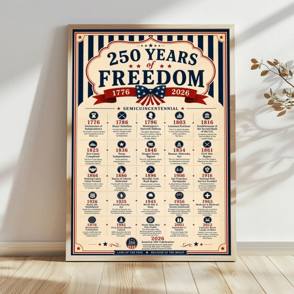 250 Years of Independence Timeline Poster American History Wall Art 17762026 Patriotic Print Vintage USA Decor